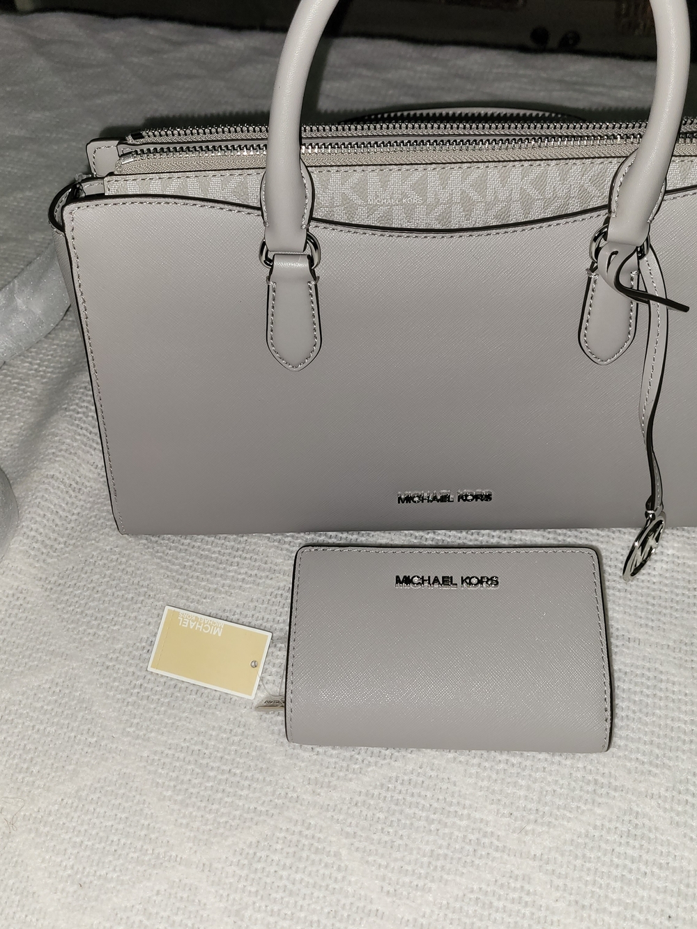 Michael Kors Women's Saffiano Leather Satchel and Wallet Set in Light Gray